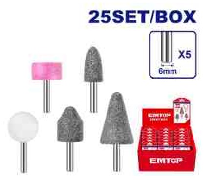 Accessories For Die Grinder 6mm Shank, 5pcs Set, Cylindrical, Bullet, Cone, T-Type, Round Stones